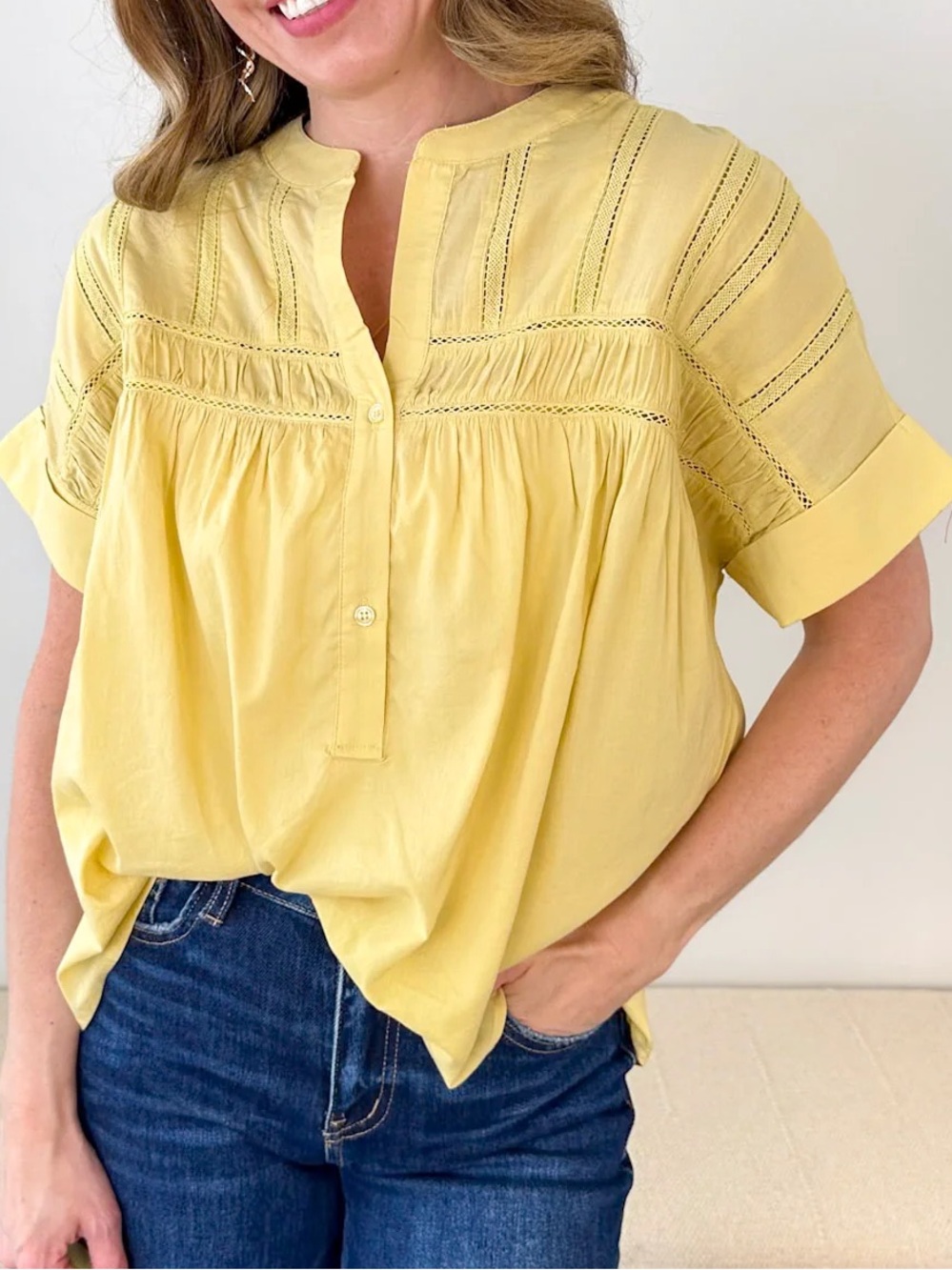 BE COOL Bright Yellow Short Sleeve Split-Neck Embroidered Top - NWOT, Large